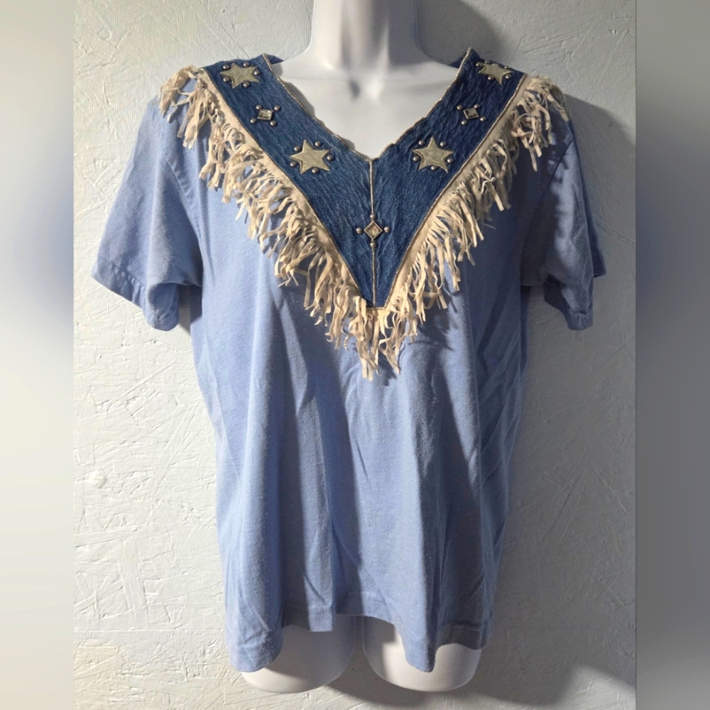 Vintage 80s Cactus Blue V-Neck Denim-Embellished Tee - Medium